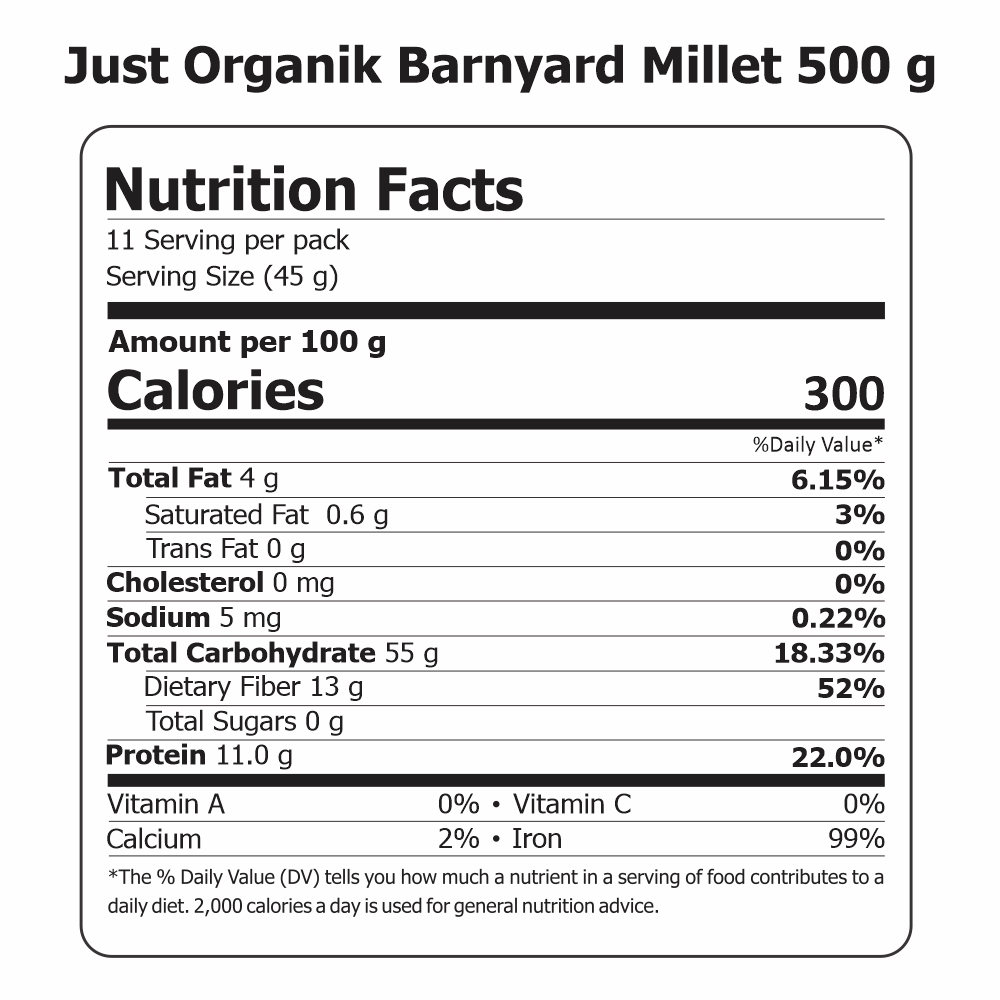 Just Organik Organic Barnyard Millet/ Samak Ke Chawal 1kg (pack of 2, 2x500g)