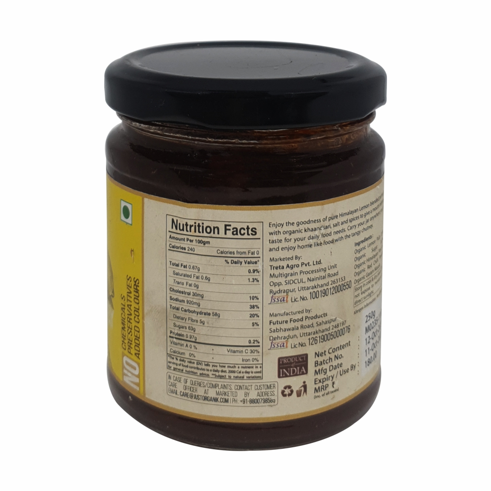 Just Organik Lemon Chutney 500G (pack of 2, 2x250g)