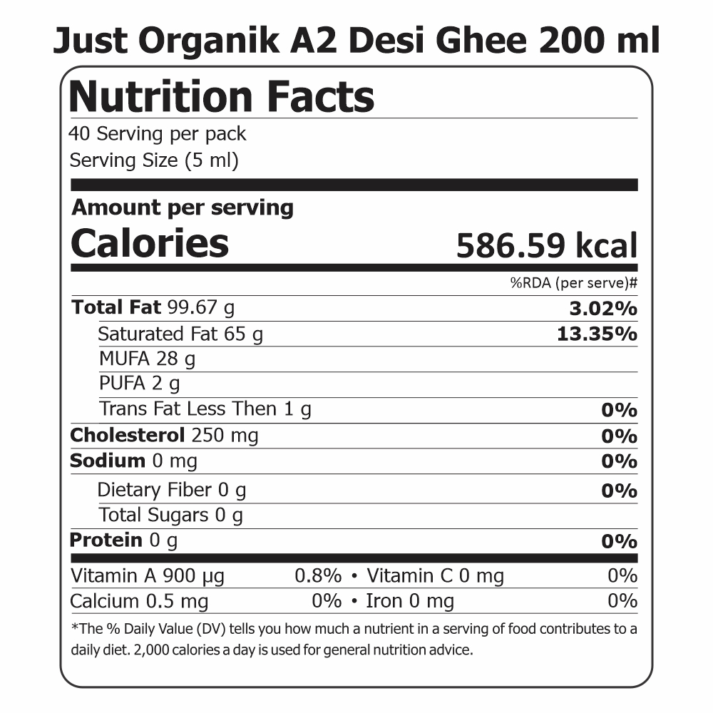 Just Organik Organic Cow Desi Ghee (A2) 200ml