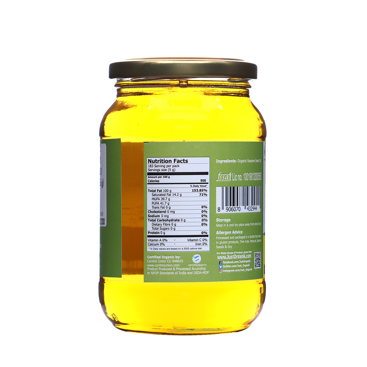 Just Organik Organic Sesame Oil White 500ml