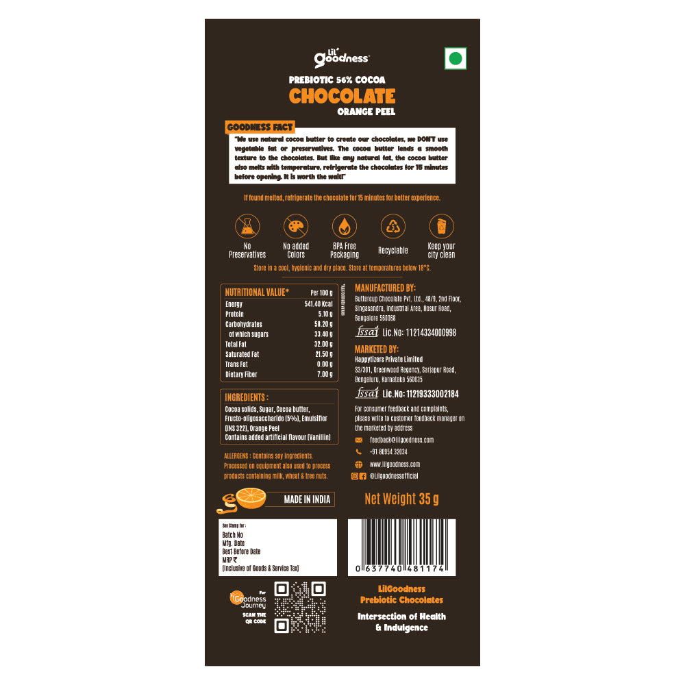 LiL'Goodness Assorted Prebiotic Chocolates Bar - Pack of 8 (2 packs of Four flavours-35g each) | Prebiotic Dark Chocolate, Orange Peel Dark Chocolate, Milk Chocolate, Fruit & Nut Dark chocolate