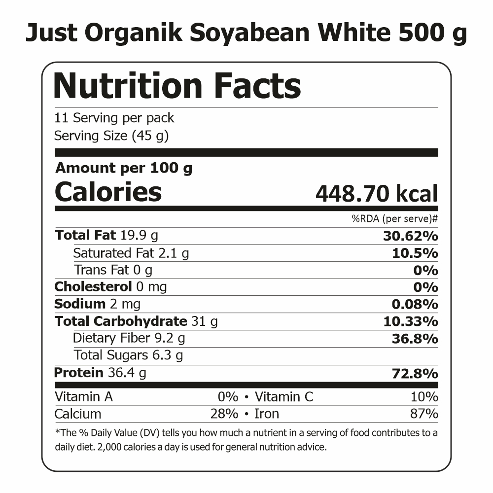 Just Organik Organic Soyabean White 1kg (pack of 2, 2x500g)
