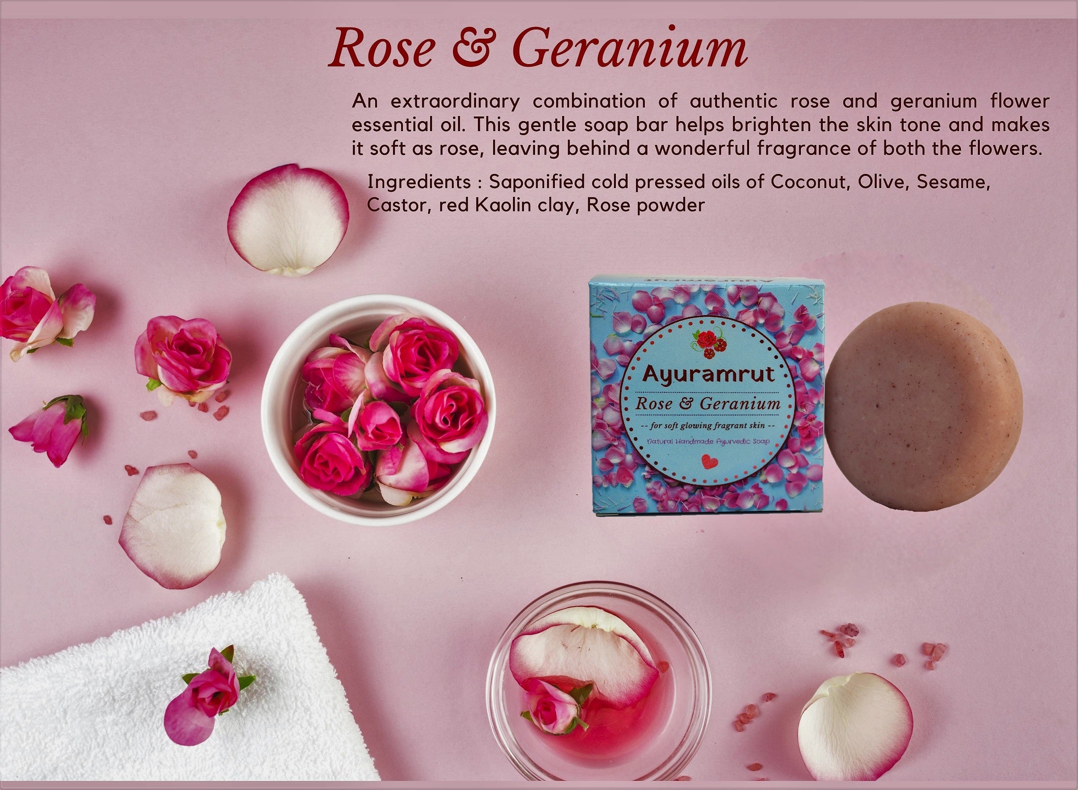 Ayuramrut Rose and Geranium Natural Handmade Ayurvedic Soap (Pack of 4)