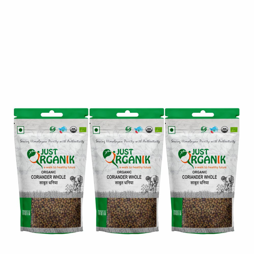 Just Organik Organic Coriander (Dhania) Whole 750g (pack of 3, 3x250g)