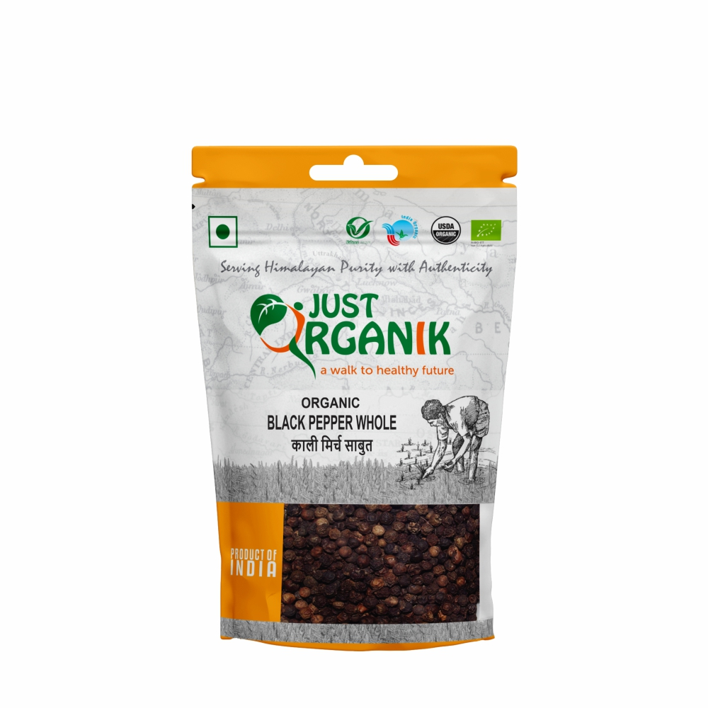 Just Organik Organic Black Pepper Whole 200g (pack of 2, 2x100g)