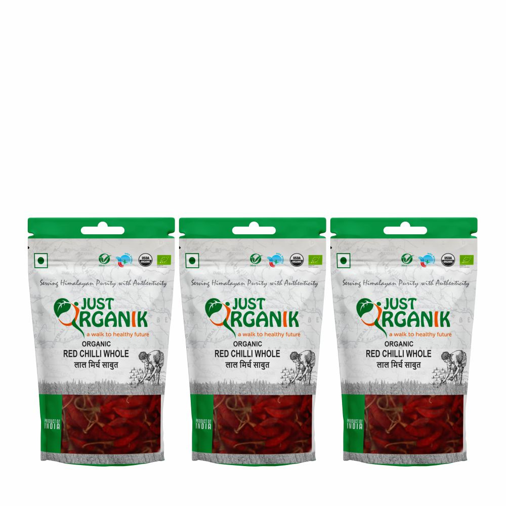 Just Organik Organic Red Chilli Whole 300g (pack of 3, 3x100g)