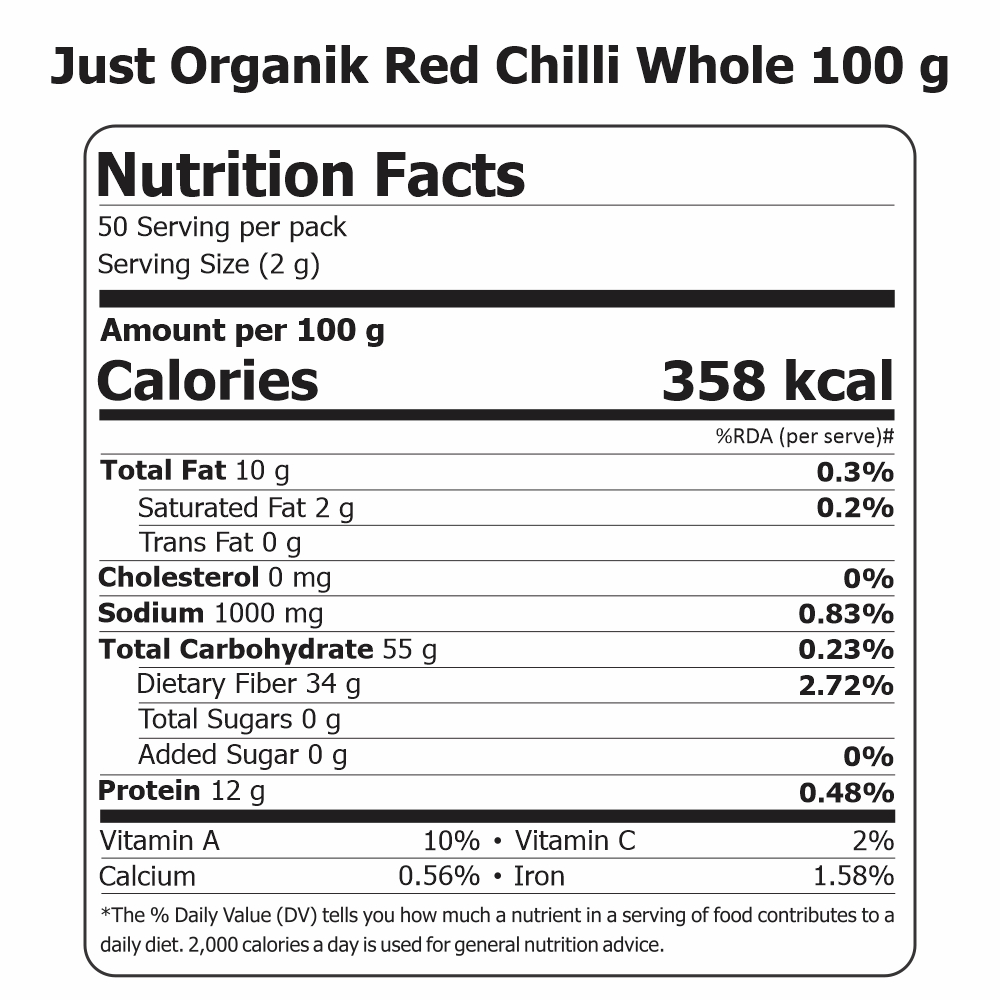 Just Organik Organic Red Chilli Whole 300g (pack of 3, 3x100g)