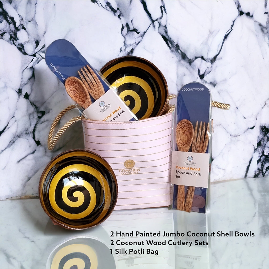 Comorin Coconuts Natural Delight Coconut Bowls & Coconut Wood Cutlery Set with Gift Bag