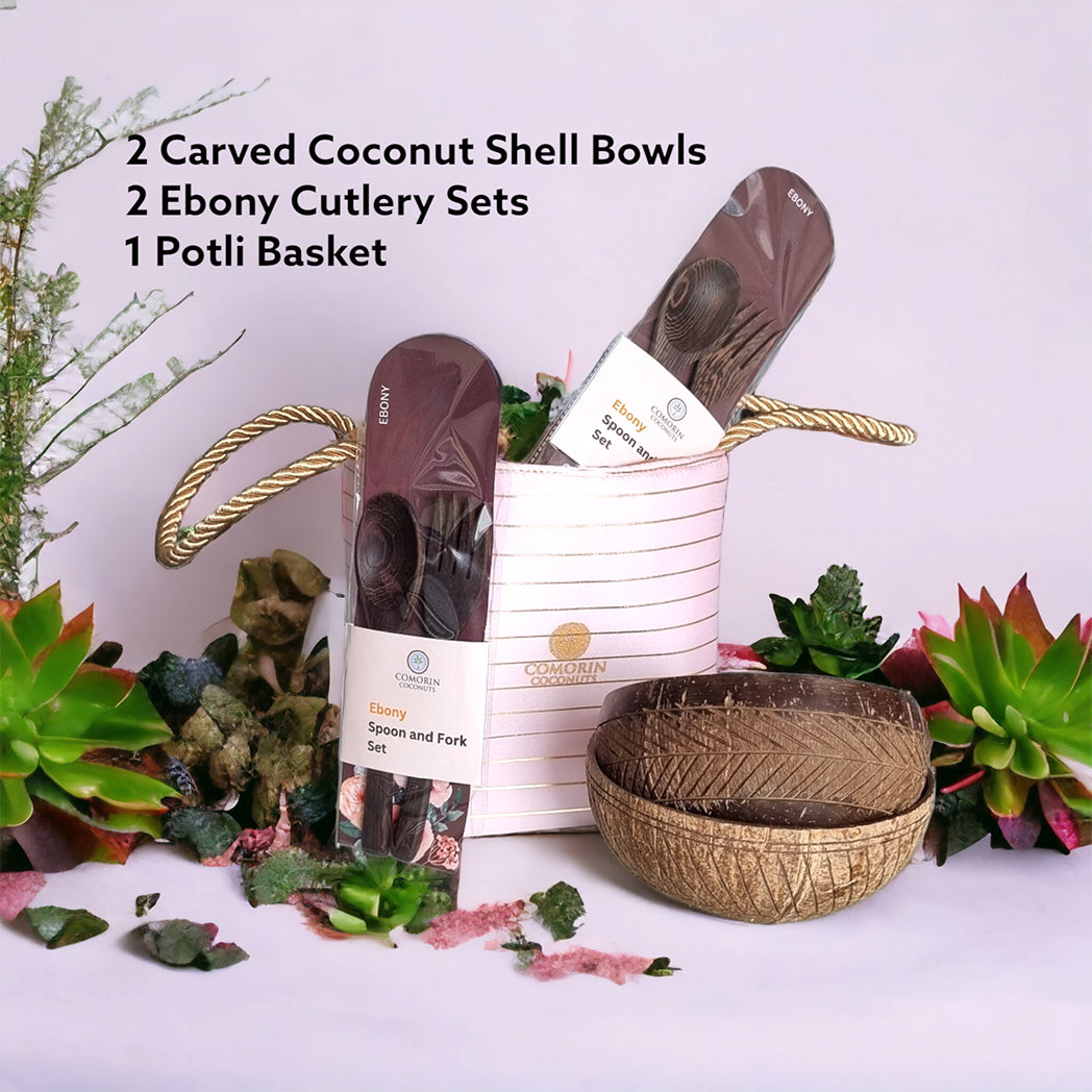 Comorin Coconuts Natural Delight Coconut Bowls & Coconut Wood Cutlery Set with Gift Bag