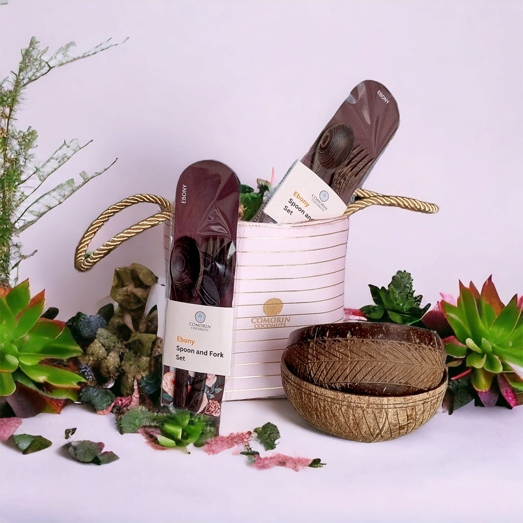 Comorin Coconuts Natural Delight Coconut Bowls & Coconut Wood Cutlery Set with Gift Bag