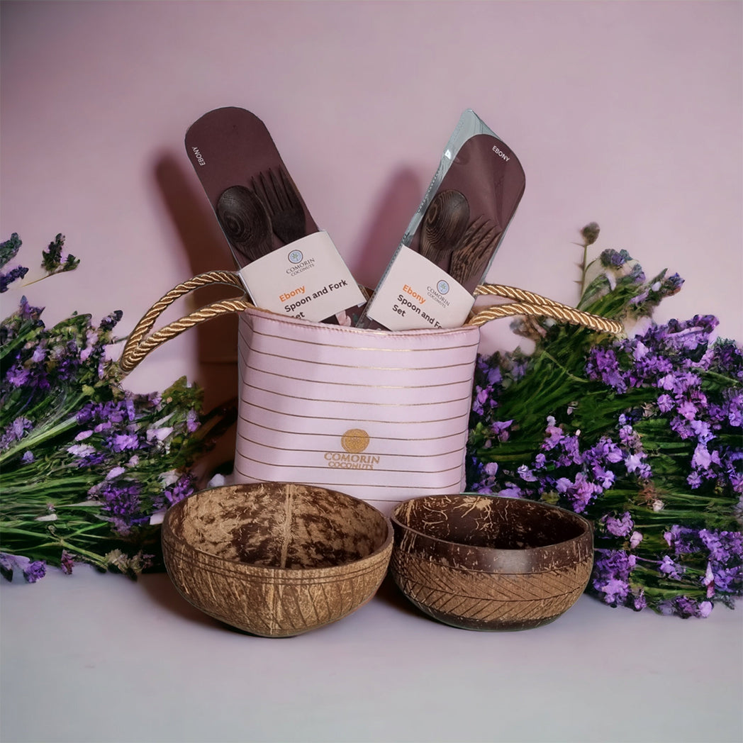 Comorin Coconuts Natural Delight Coconut Bowls & Coconut Wood Cutlery Set with Gift Bag
