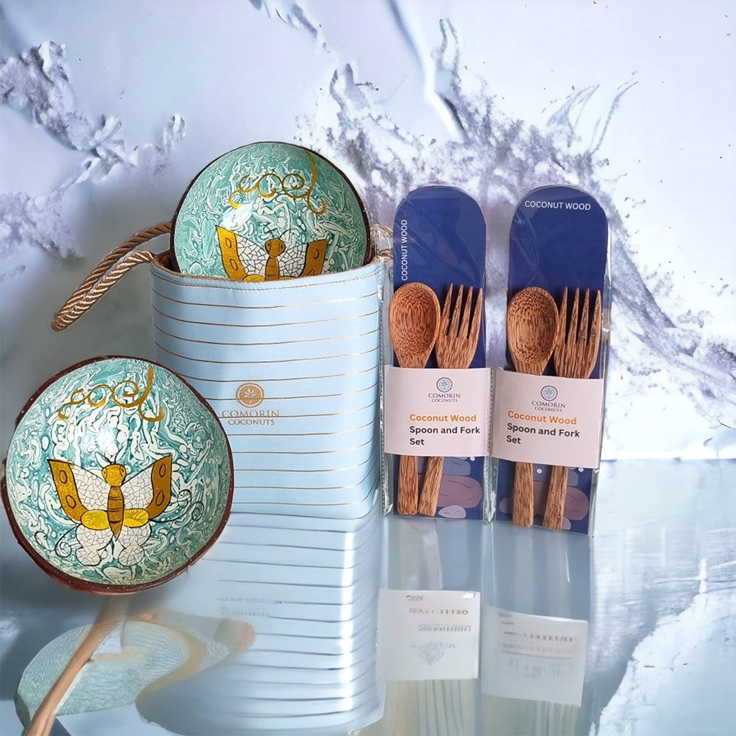 Comorin Coconuts Natural Delight Coconut Bowls & Coconut Wood Cutlery Set with Gift Bag