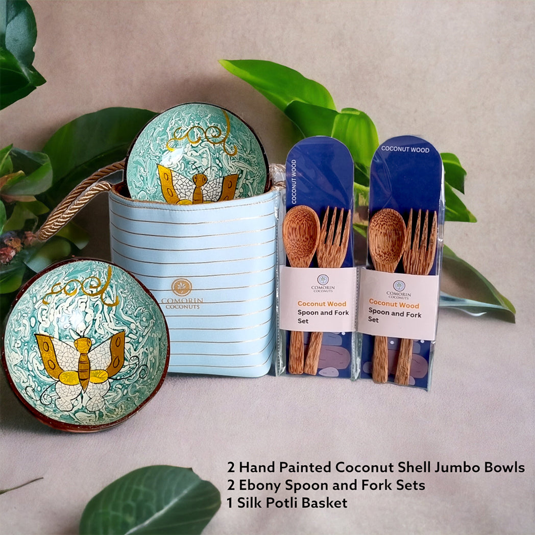 Comorin Coconuts Natural Delight Coconut Bowls & Coconut Wood Cutlery Set with Gift Bag