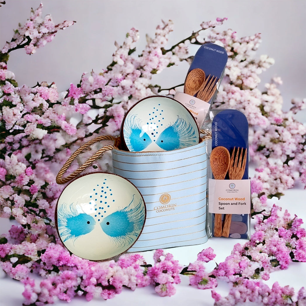 Comorin Coconuts Natural Delight Coconut Bowls & Coconut Wood Cutlery Set with Gift Bag