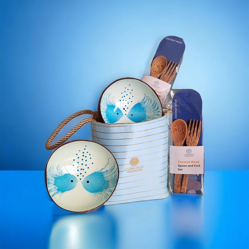 Comorin Coconuts Natural Delight Coconut Bowls & Coconut Wood Cutlery Set with Gift Bag