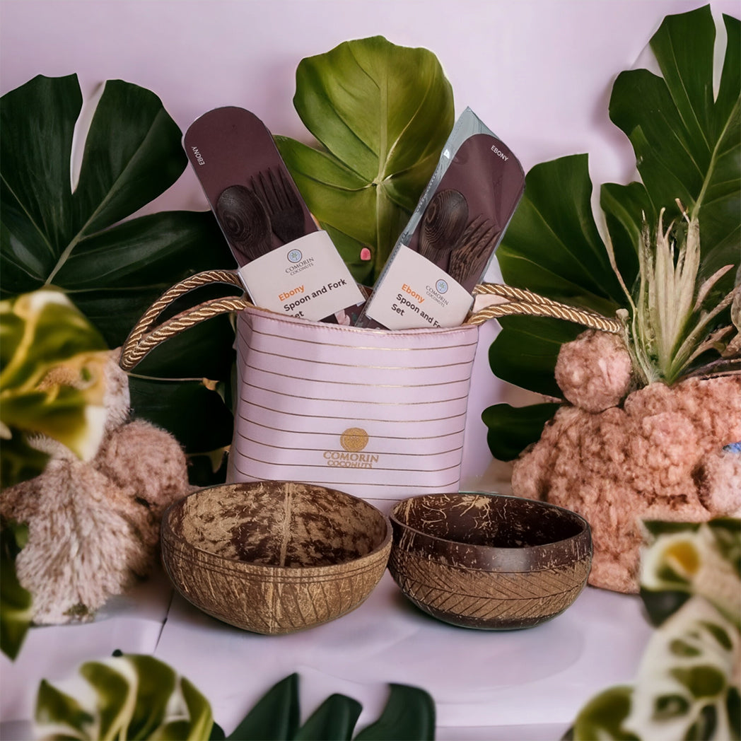 Comorin Coconuts Natural Delight Coconut Bowls & Coconut Wood Cutlery Set with Gift Bag