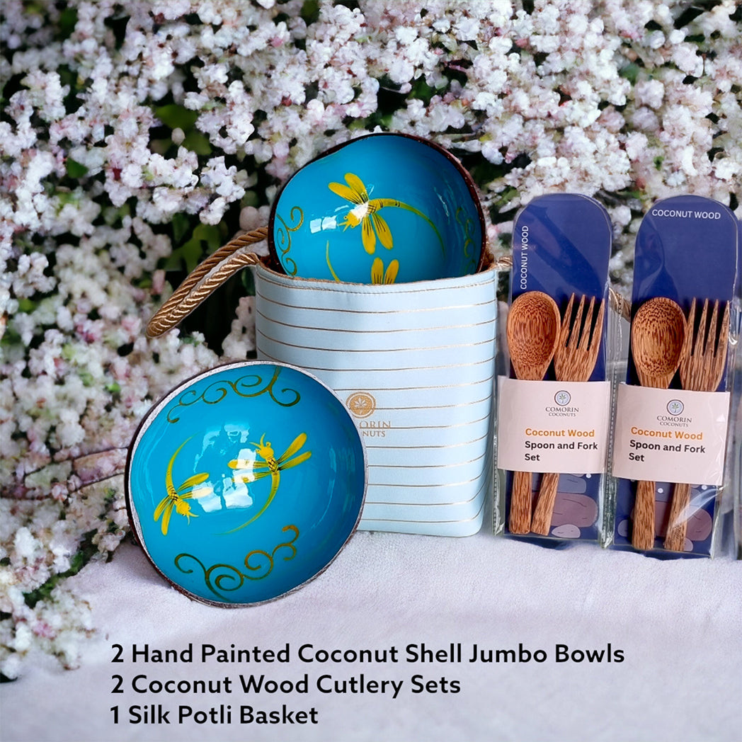 Comorin Coconuts Natural Delight Coconut Bowls & Coconut Wood Cutlery Set with Gift Bag