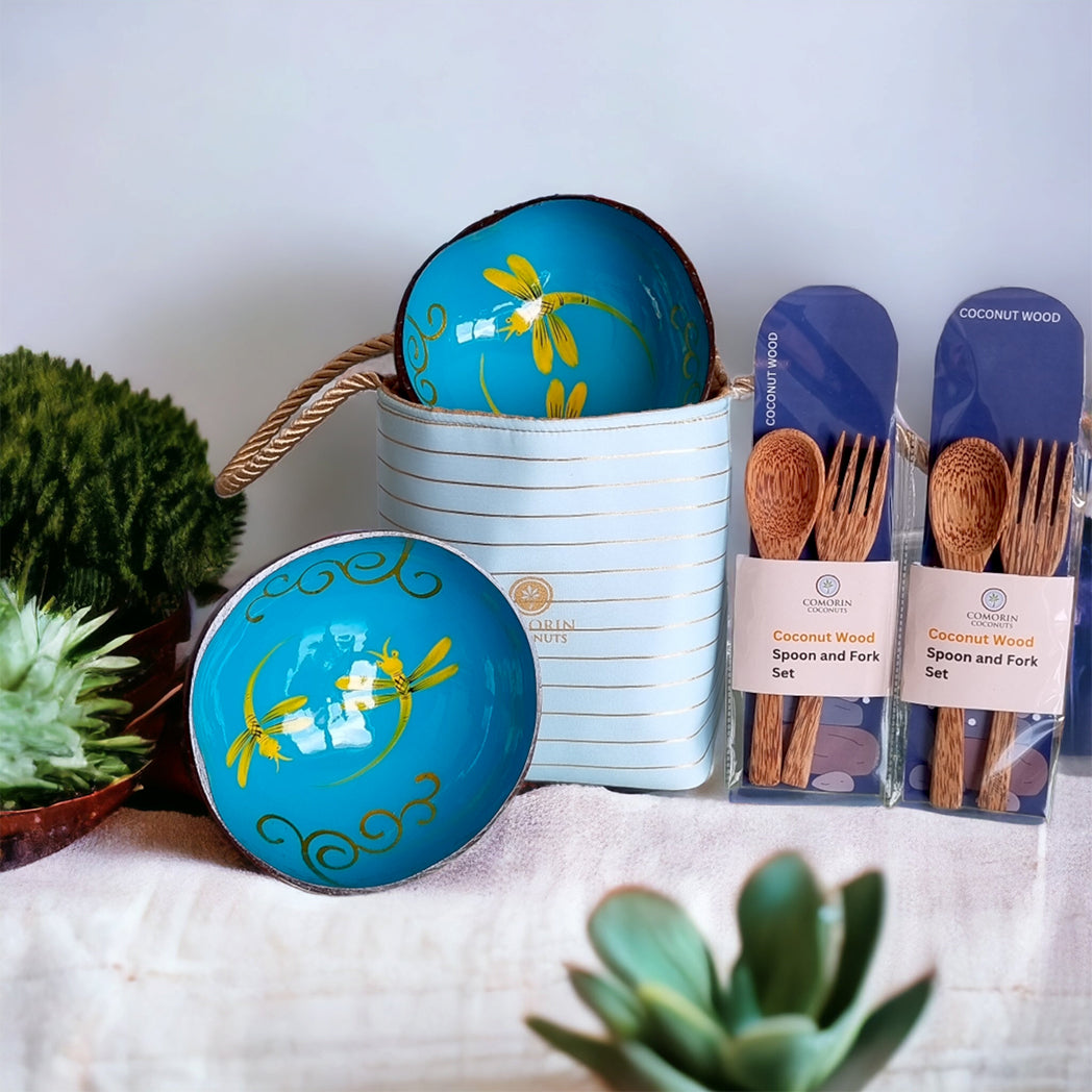 Comorin Coconuts Natural Delight Coconut Bowls & Coconut Wood Cutlery Set with Gift Bag
