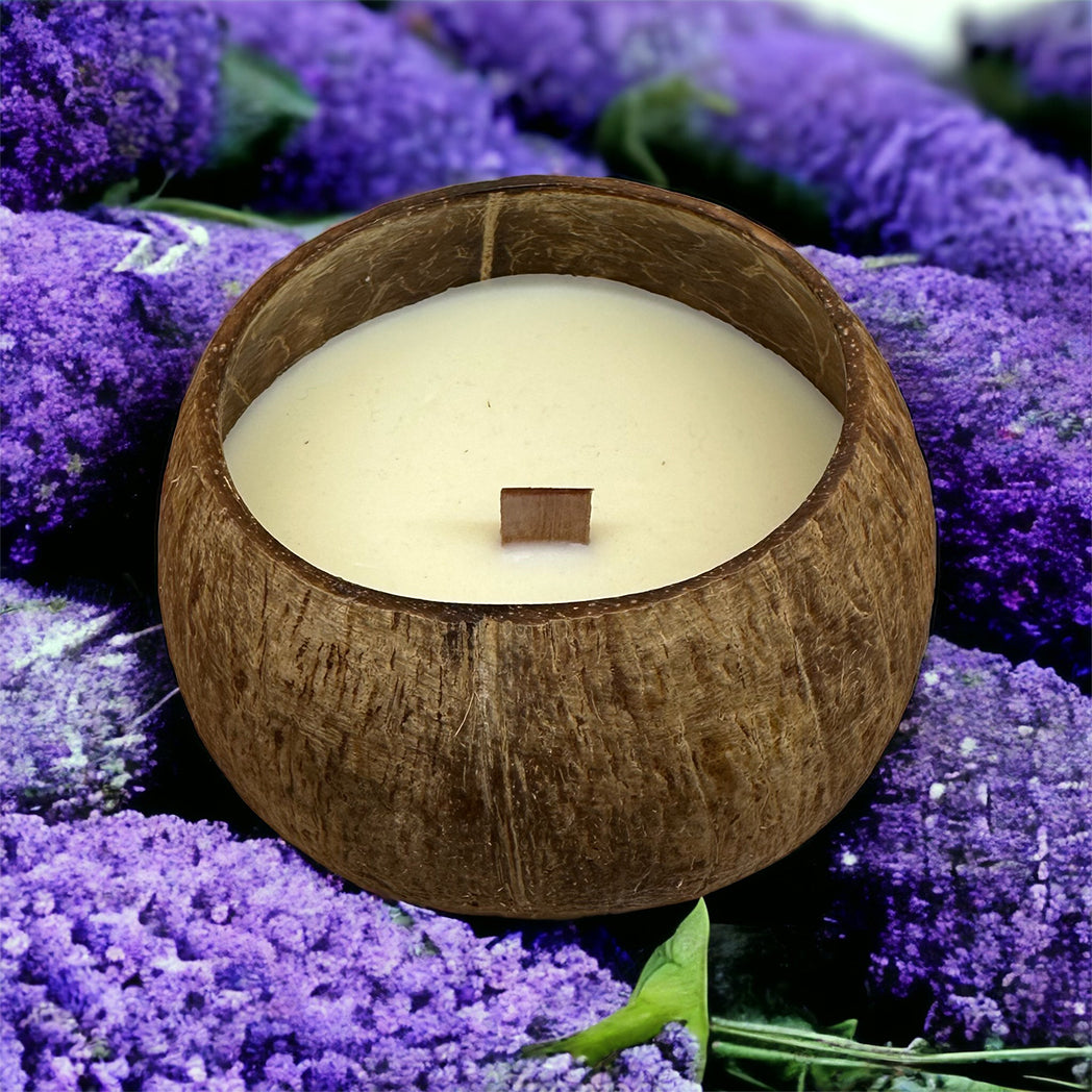 Comorin Coconuts Coconut Shell Lucious Lavender Scented Candle: Pure Soy Wax, Wooden Wick - 55 Hours, 300g