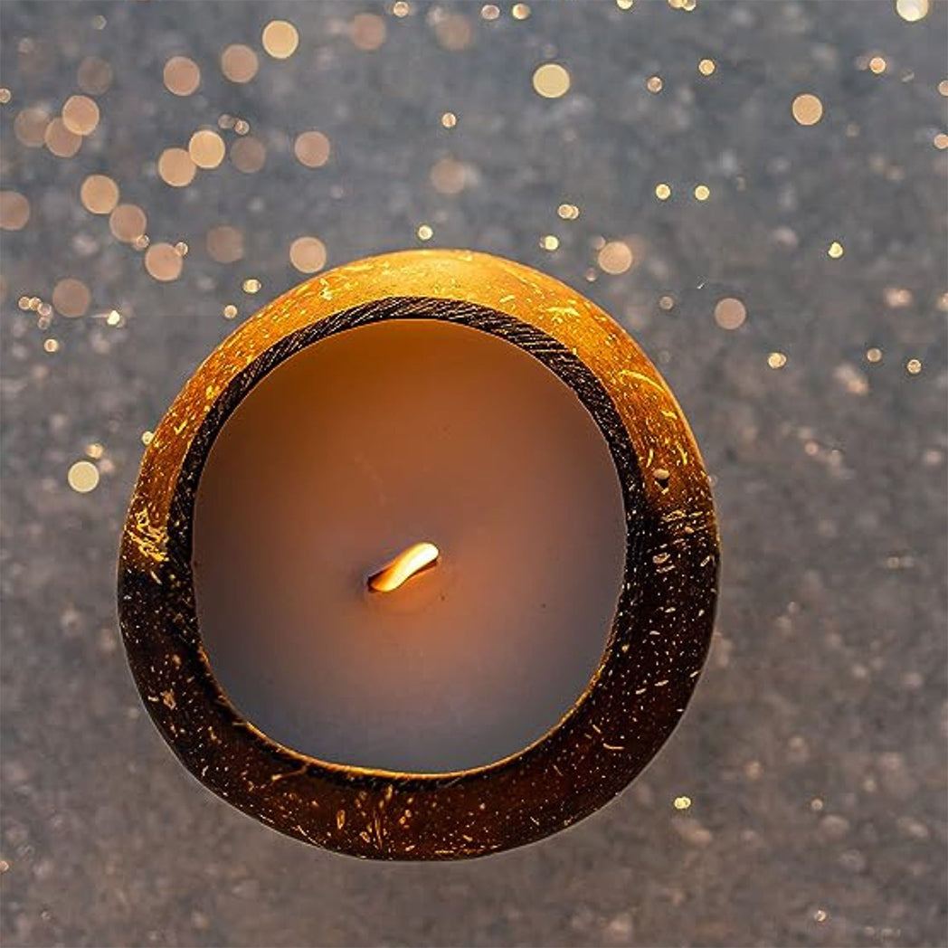 Comorin Coconuts Coconut Shell Caramel Scented Candle: Pure Soy Wax, Wooden Wick - 55 Hours, 300g
