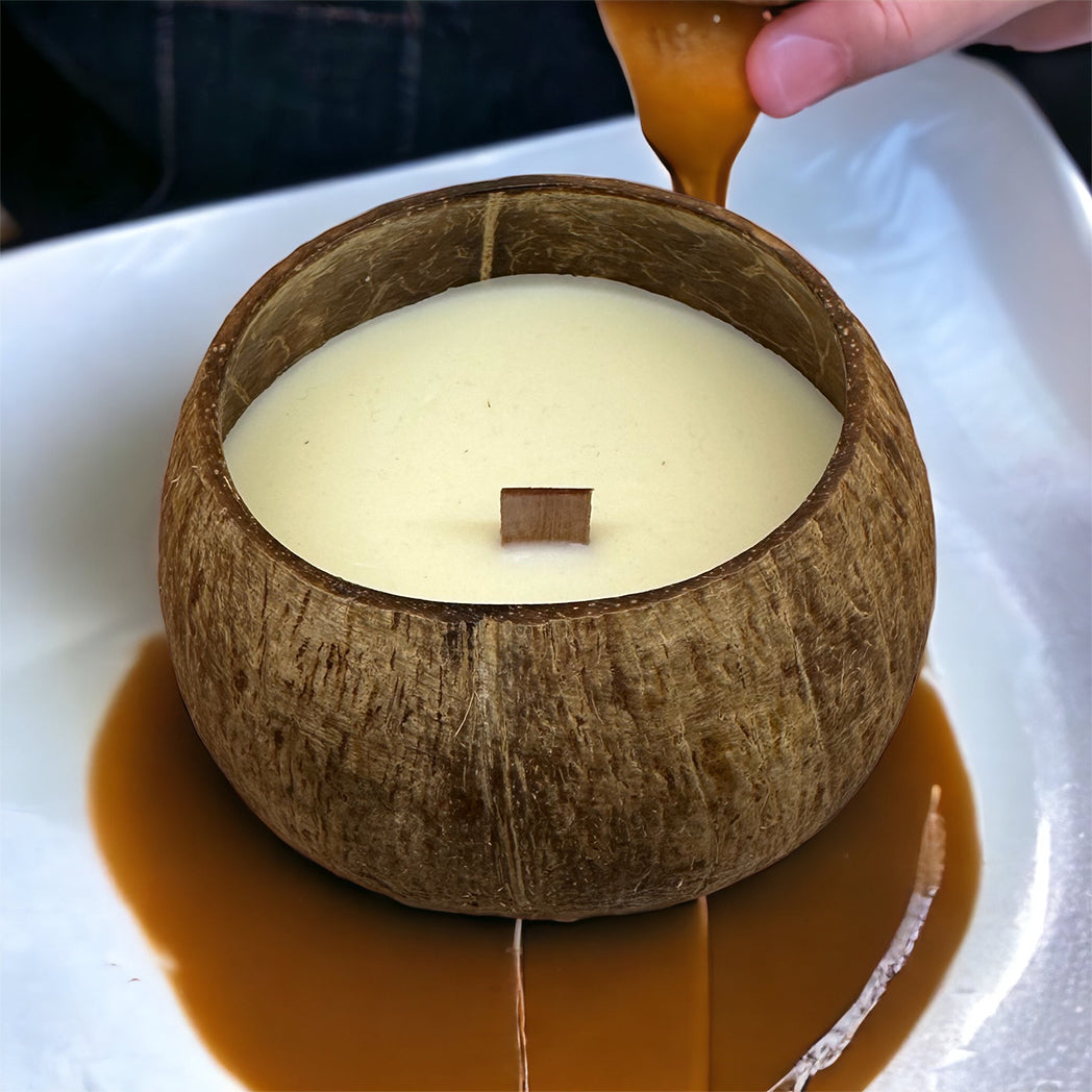 Comorin Coconuts Coconut Shell Caramel Scented Candle: Pure Soy Wax, Wooden Wick - 55 Hours, 300g