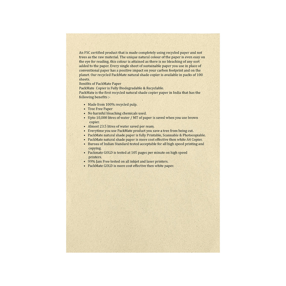 PackMate Gold Unbleached Natural Shade Brown Copier | Made Using 100% Recycled Paper | Biodegradable & Recyclable - A4, 1 Ream, 500 Sheets