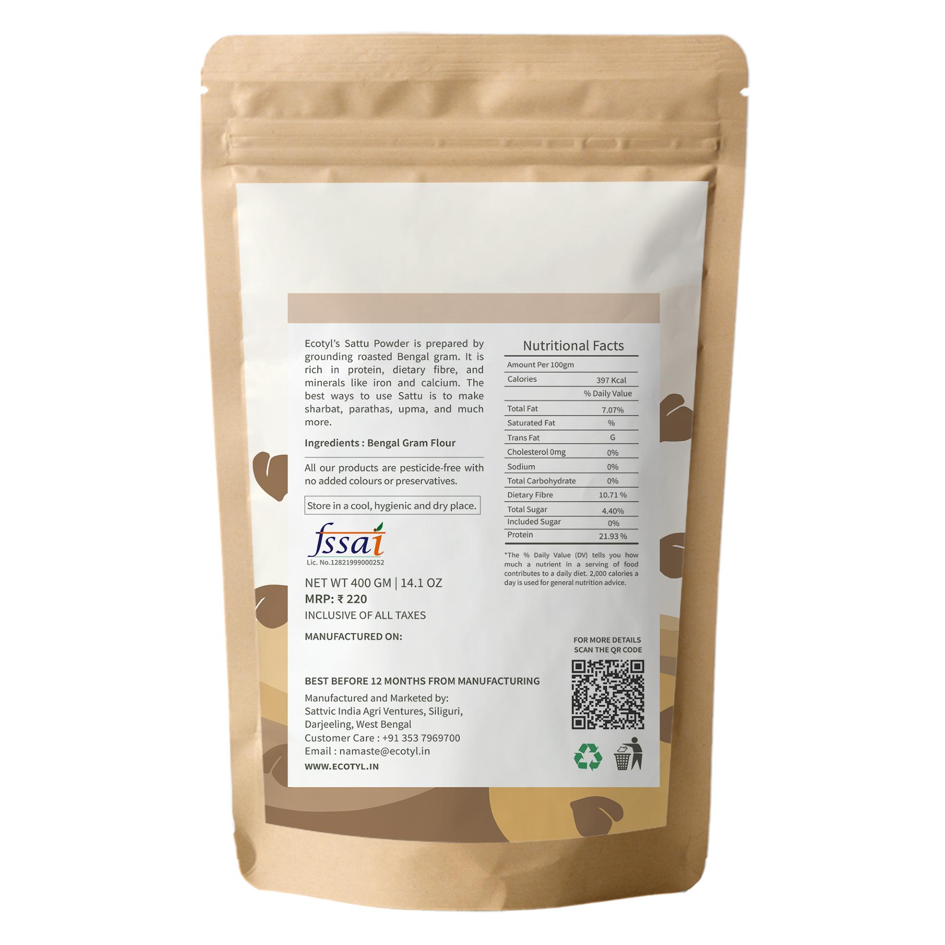 Ecotyl Sattu Powder | Roasted Gram Flour | Plant Based Protein | 400g