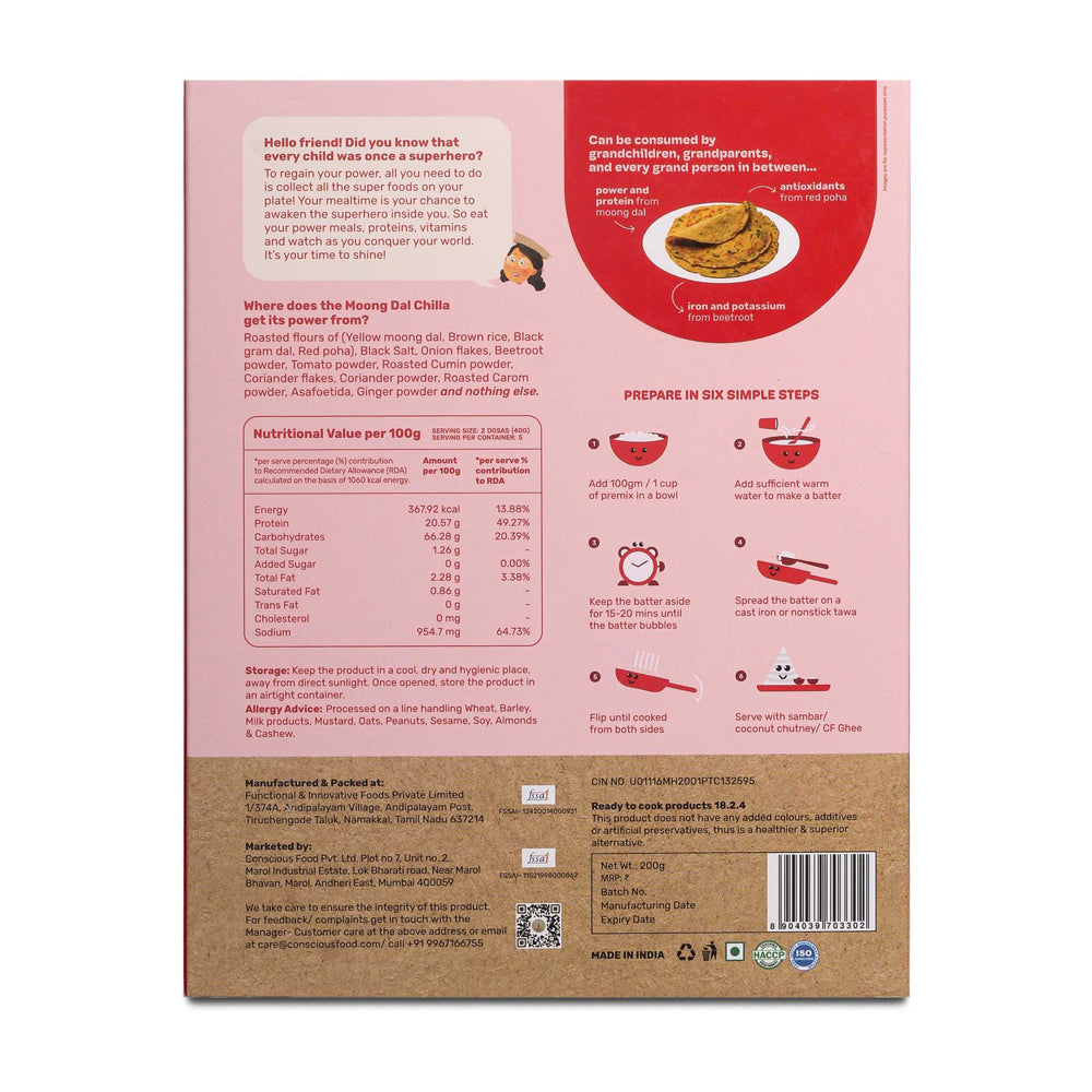 Conscious Food Moong Dal Chilla Mix | 200g | Infused with Tomato and Onions | 100% Natural | No Sugar | Preservatives Free
