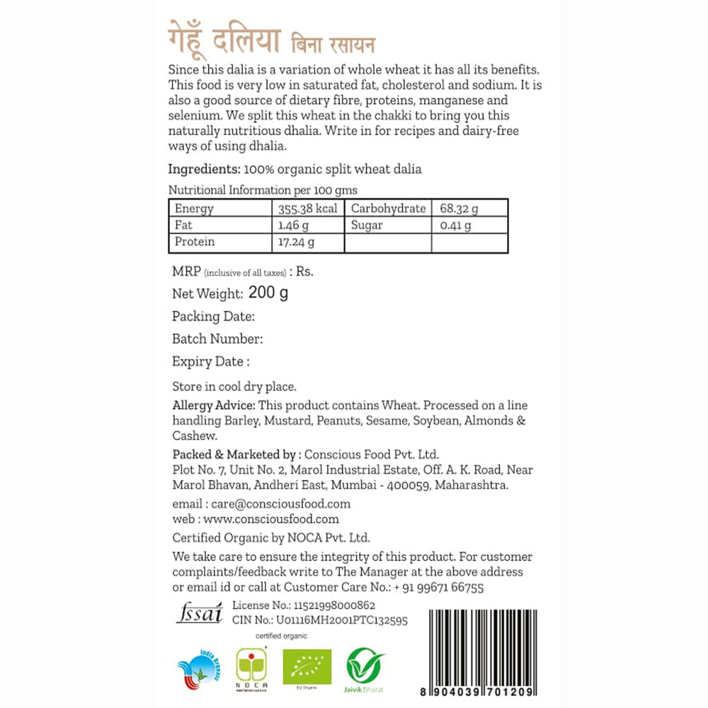 Conscious Food Split Wheat Dalia 200g