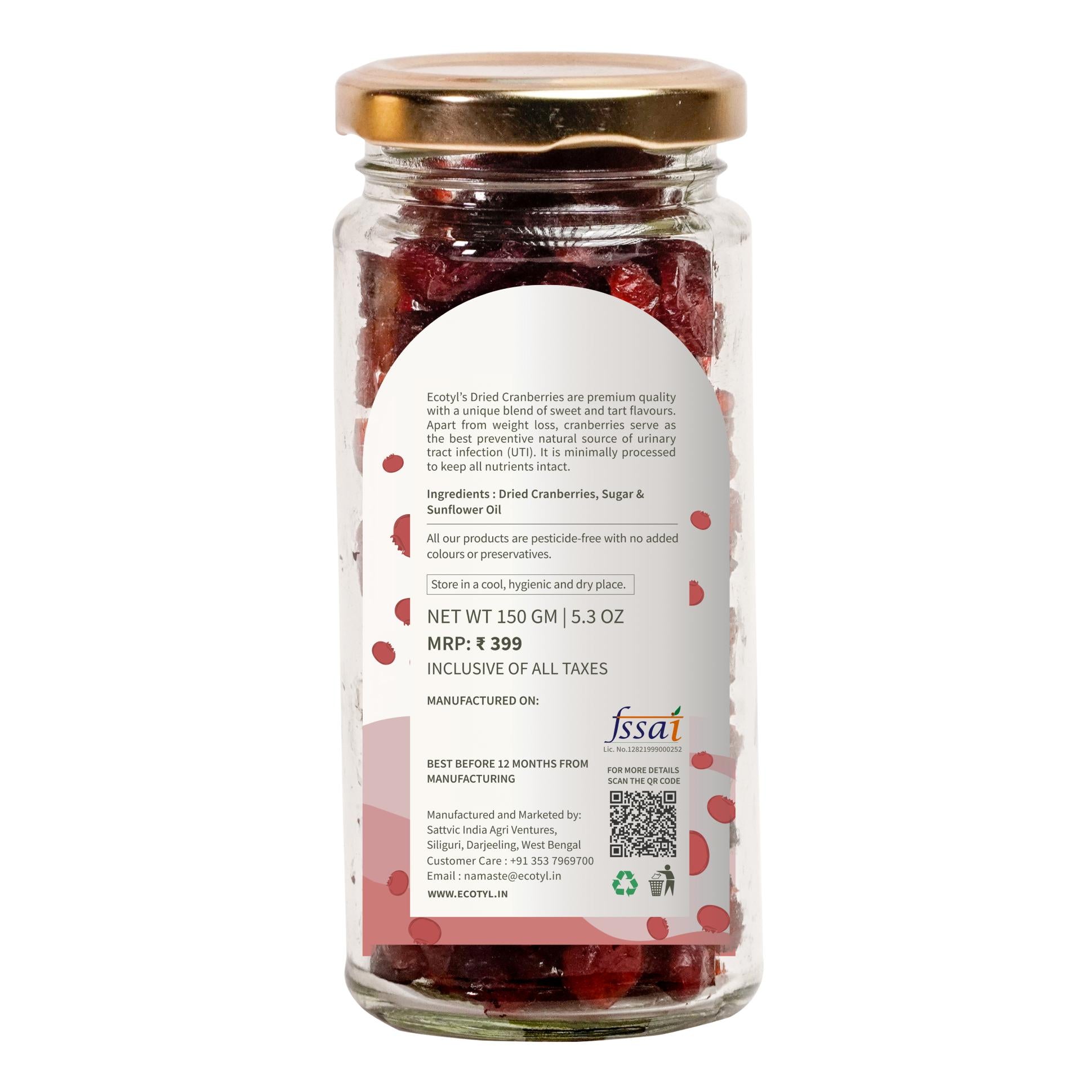 Ecotyl Dried Cranberries | Seedless Dried Fruit | Healthy Snack | 150g