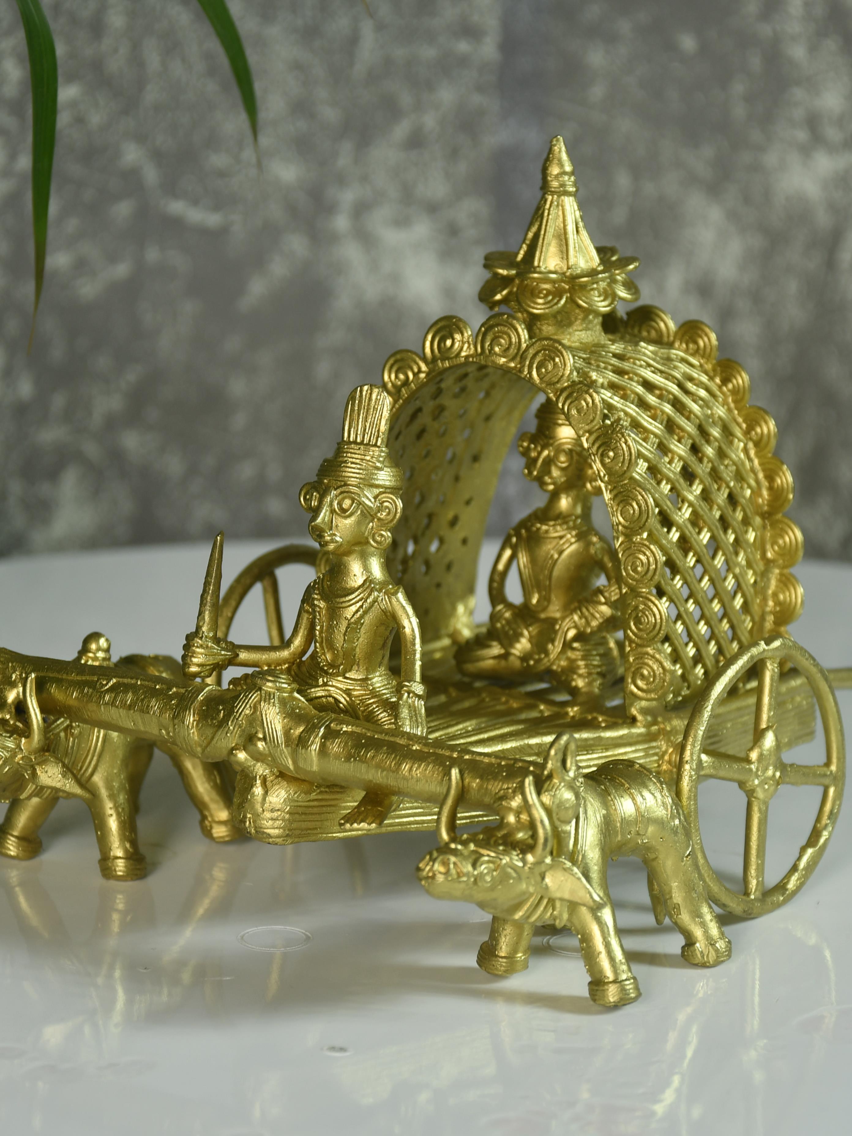 Sowpeace Handmade Dhokra Large Dhokra Craft - Cow Cart Brass Decor tabletop showpiece/figurine made of brass, by artisans, for home decoration and gifting (24cm, large, gold)