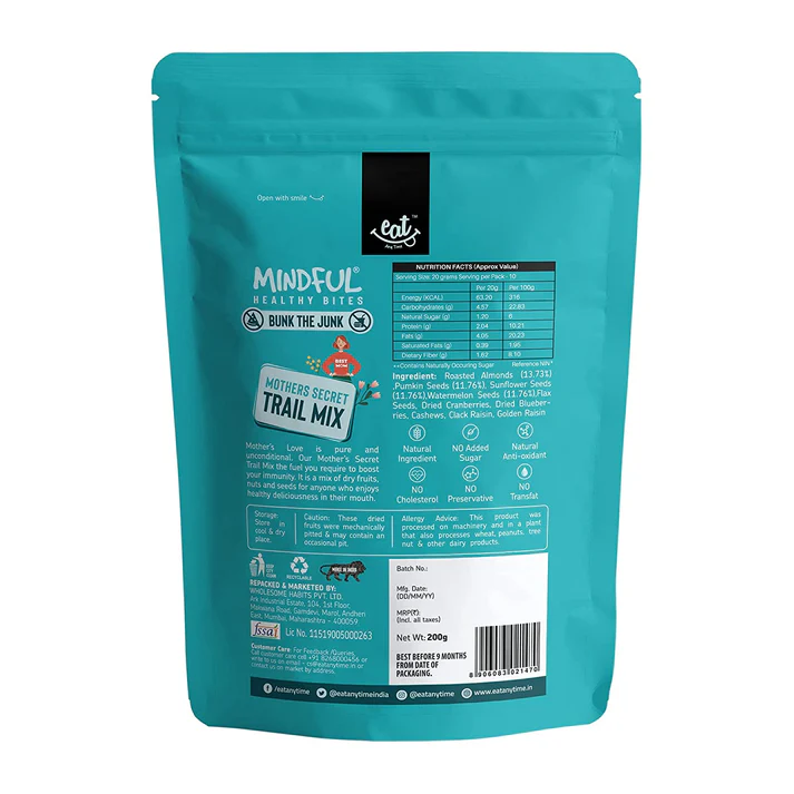 EAT - Eat Any time Mindful Mother Secret Trail Mix - Almond, Cashew, Raisins , Berries, 7 Seeds | Weight Management |Rich in Vitamin B & E |Rich in Minerals |Full of antioxidants | High in Protein | High in Fiber - 200g