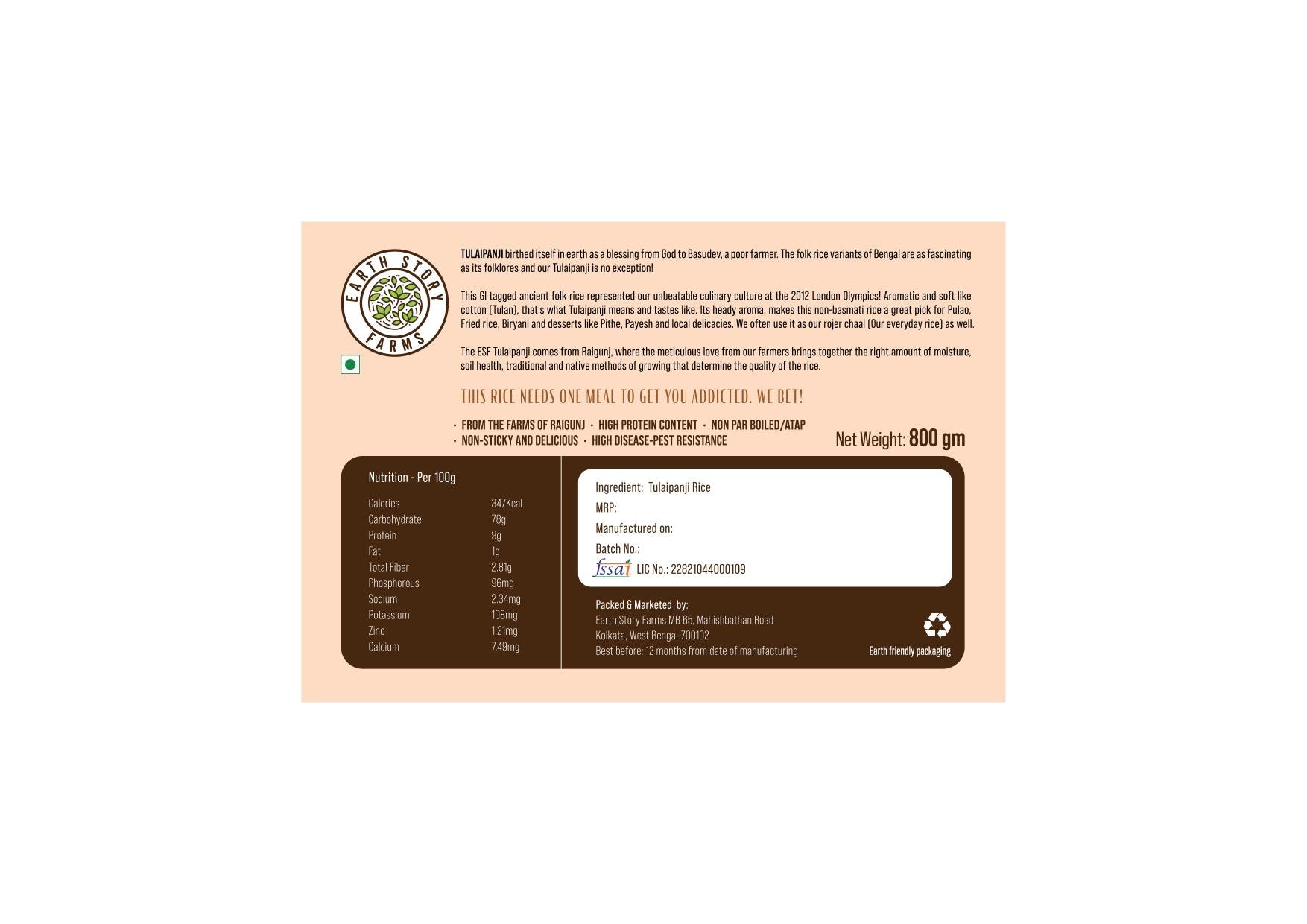 Earth Story Farms Tulaipanji Rice Non-parboiled (Atap) 800 g