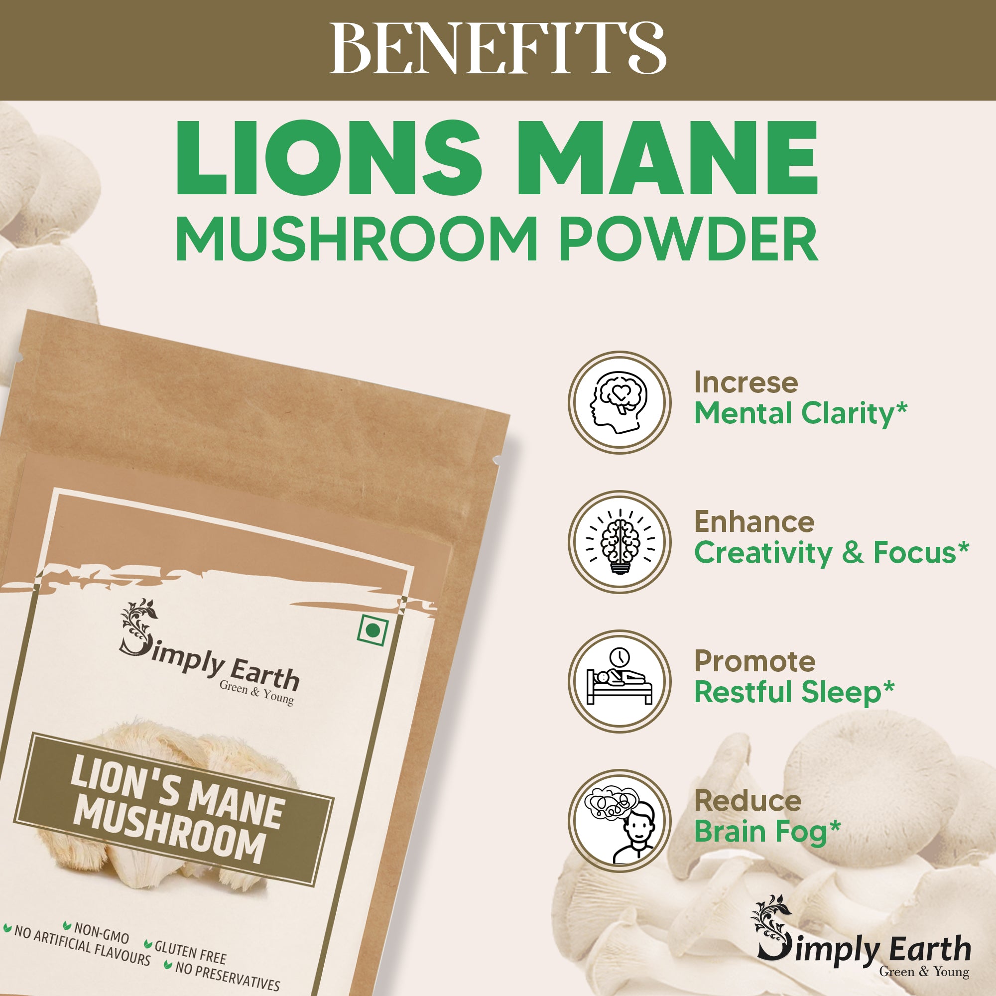 Simply Earth Lion's Mane Mushroom Extract Powder 10:1 - 60GM