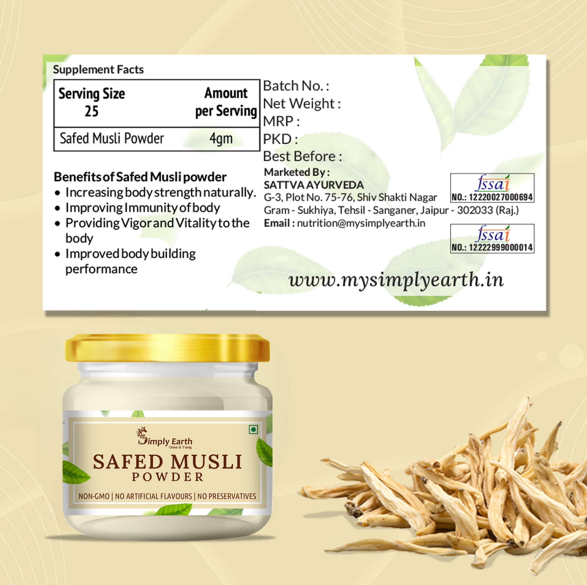 Simply Earth Organic Safed Musli Root Powder - 100 GM