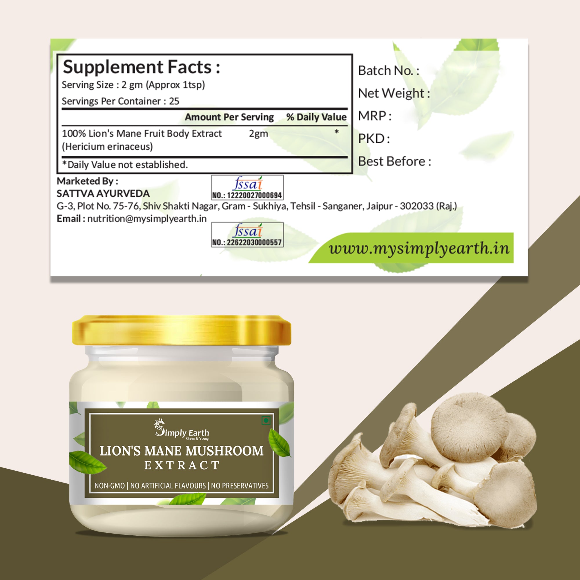 Simply Earth Lion's Mane Mushroom Extract Powder 10:1 - 50 GM