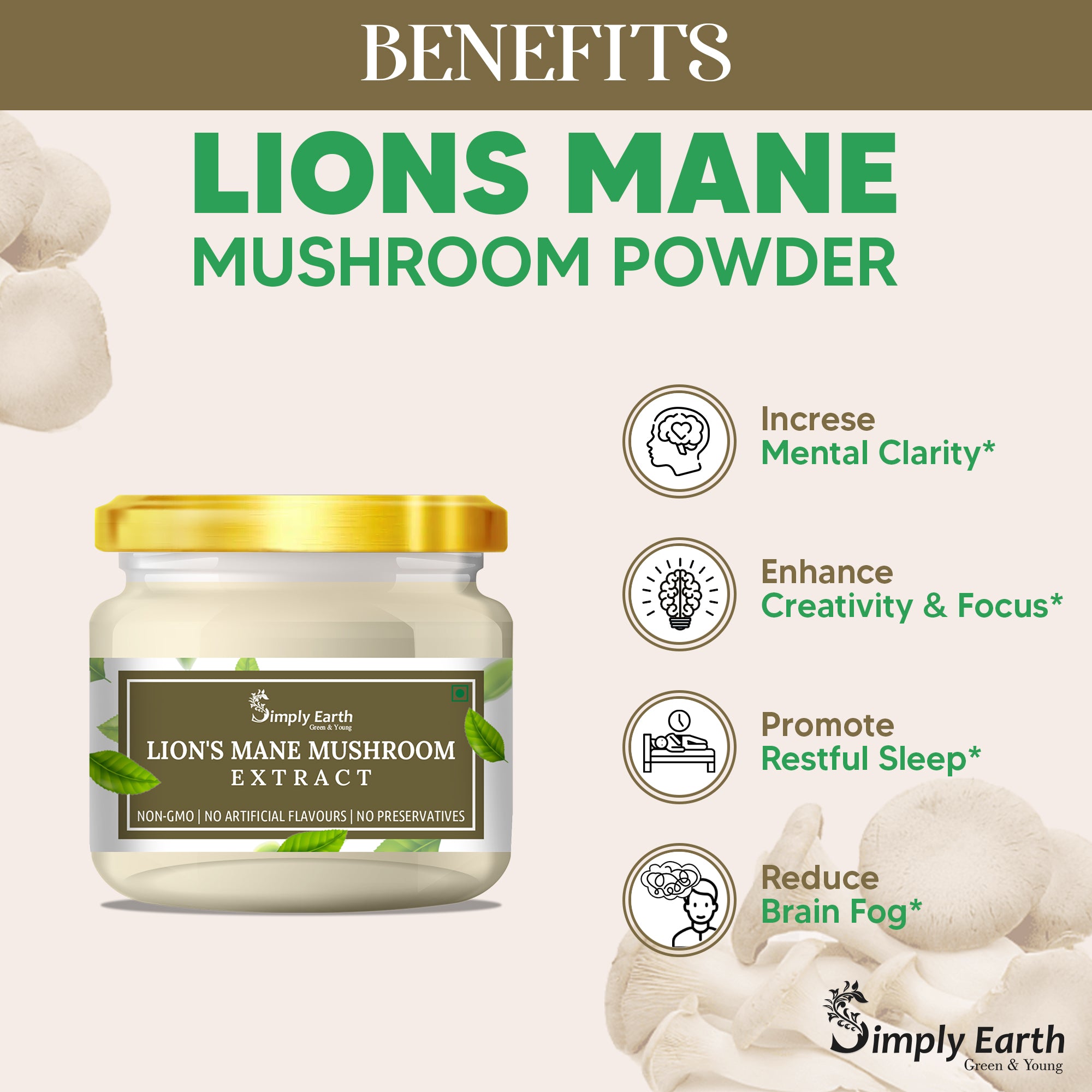 Simply Earth Lion's Mane Mushroom Extract Powder 10:1 - 50 GM