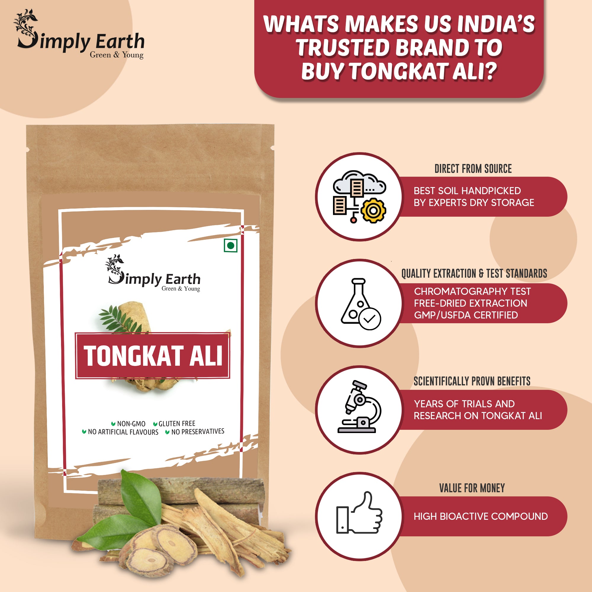 Simply Earth Organic Tongkat Ali Longjack Root Extract Powder 100:1 - 50 GM