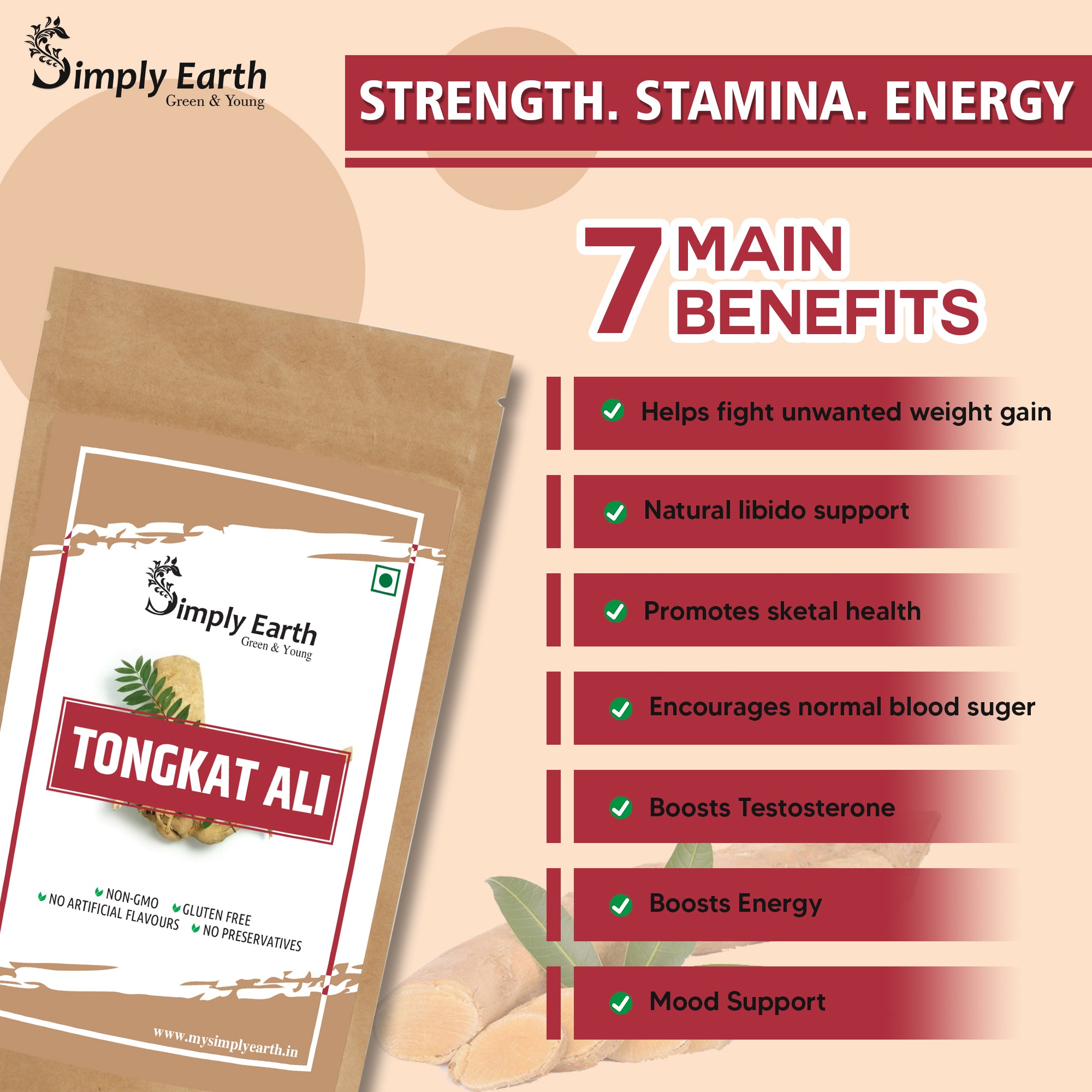 Simply Earth Organic Tongkat Ali Longjack Root Extract Powder 100:1 - 50 GM