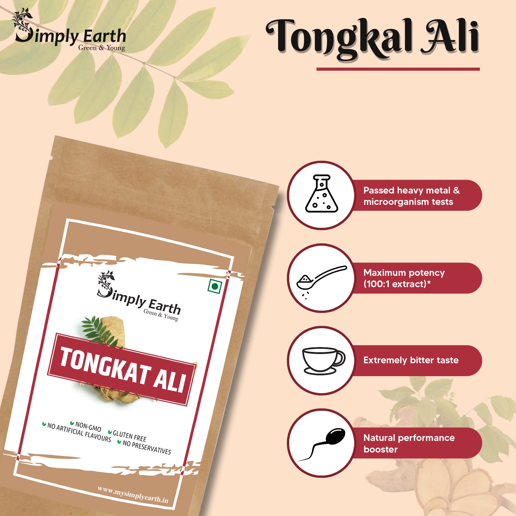 Simply Earth Organic Tongkat Ali Longjack Root Extract Powder 100:1 - 50 GM