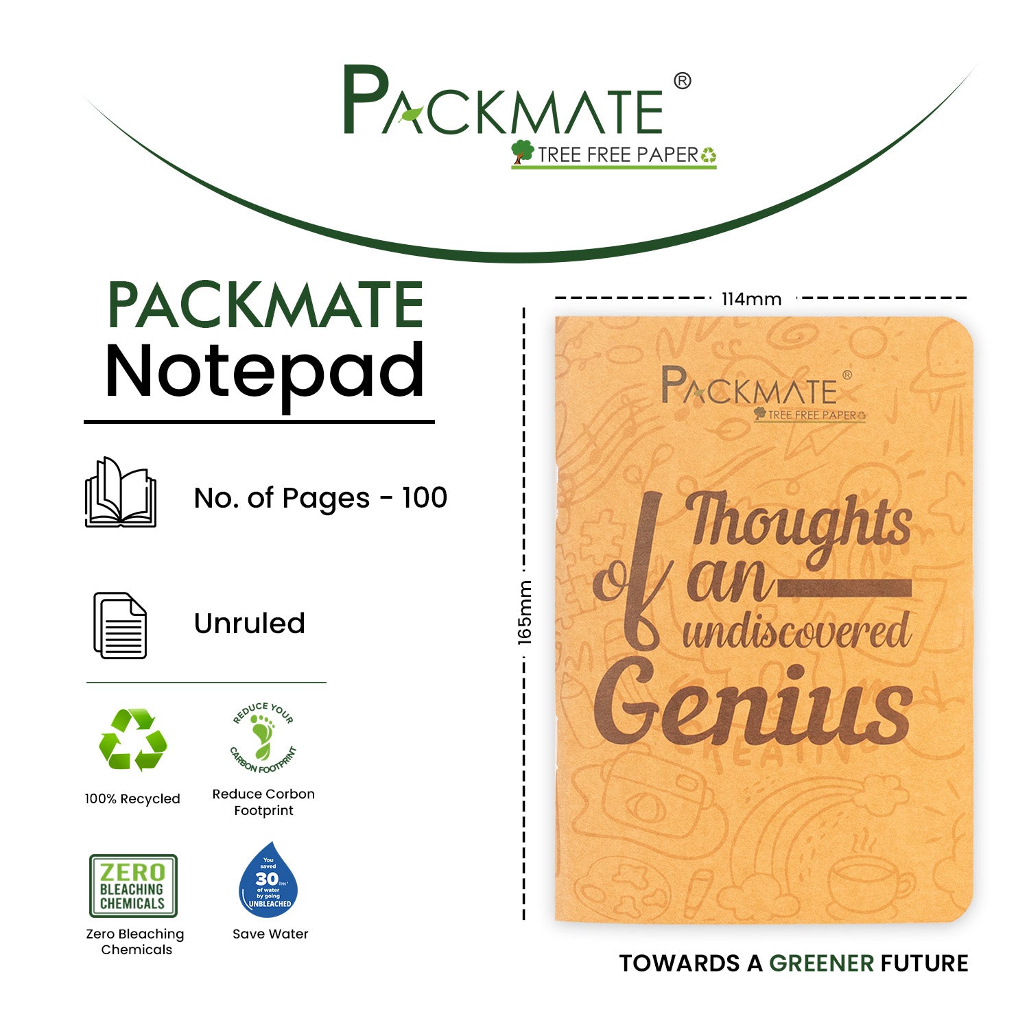 Packmate Notepad | Made Using 100% Recycled Paper | 100 pages per Note pad ( cover design: Thoughts of an undiscovered genius)