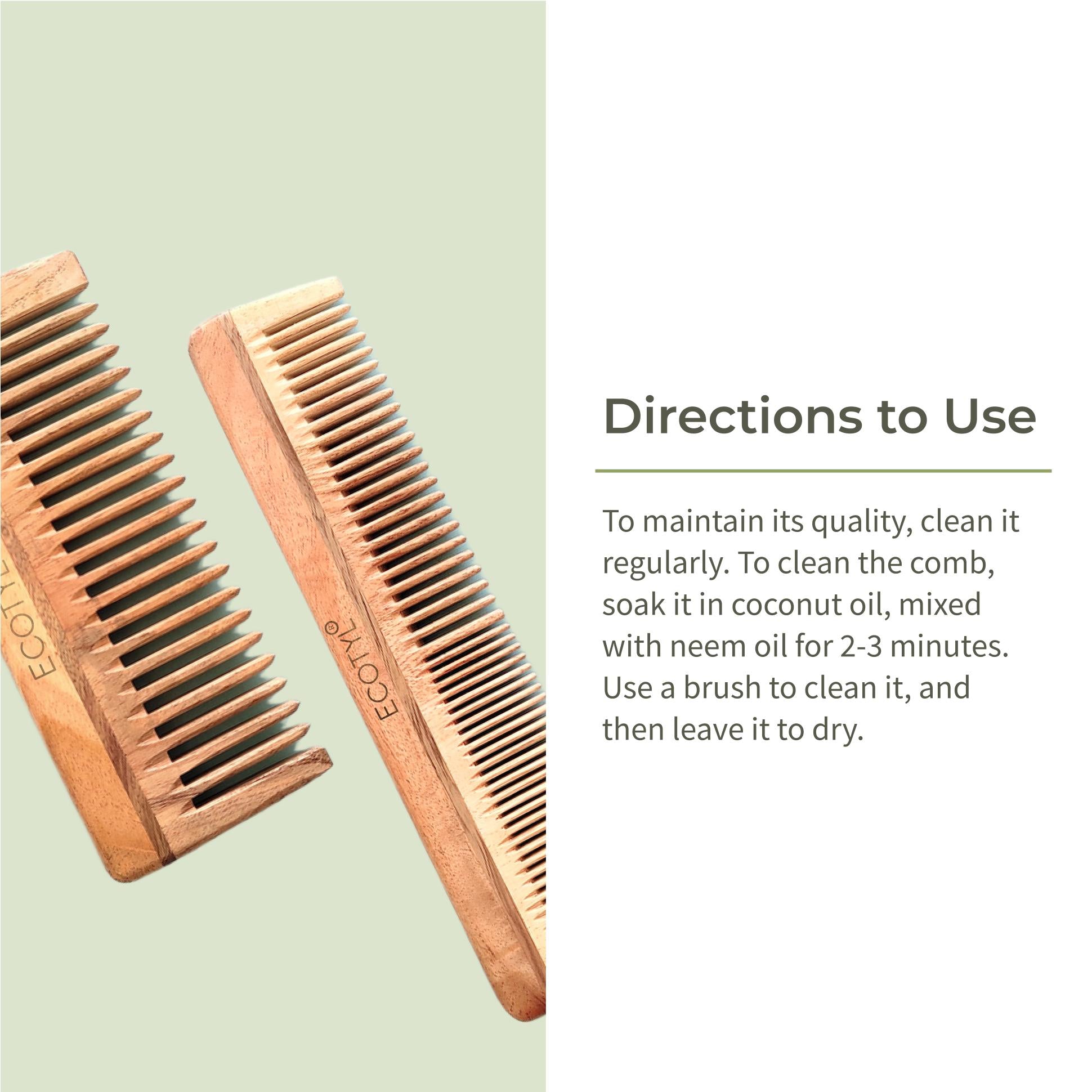 Ecotyl Neem Wood Comb Combo - Detangling Comb & Shampoo Comb | Gentle on Hair | Prevents Dandruff | Set of 2