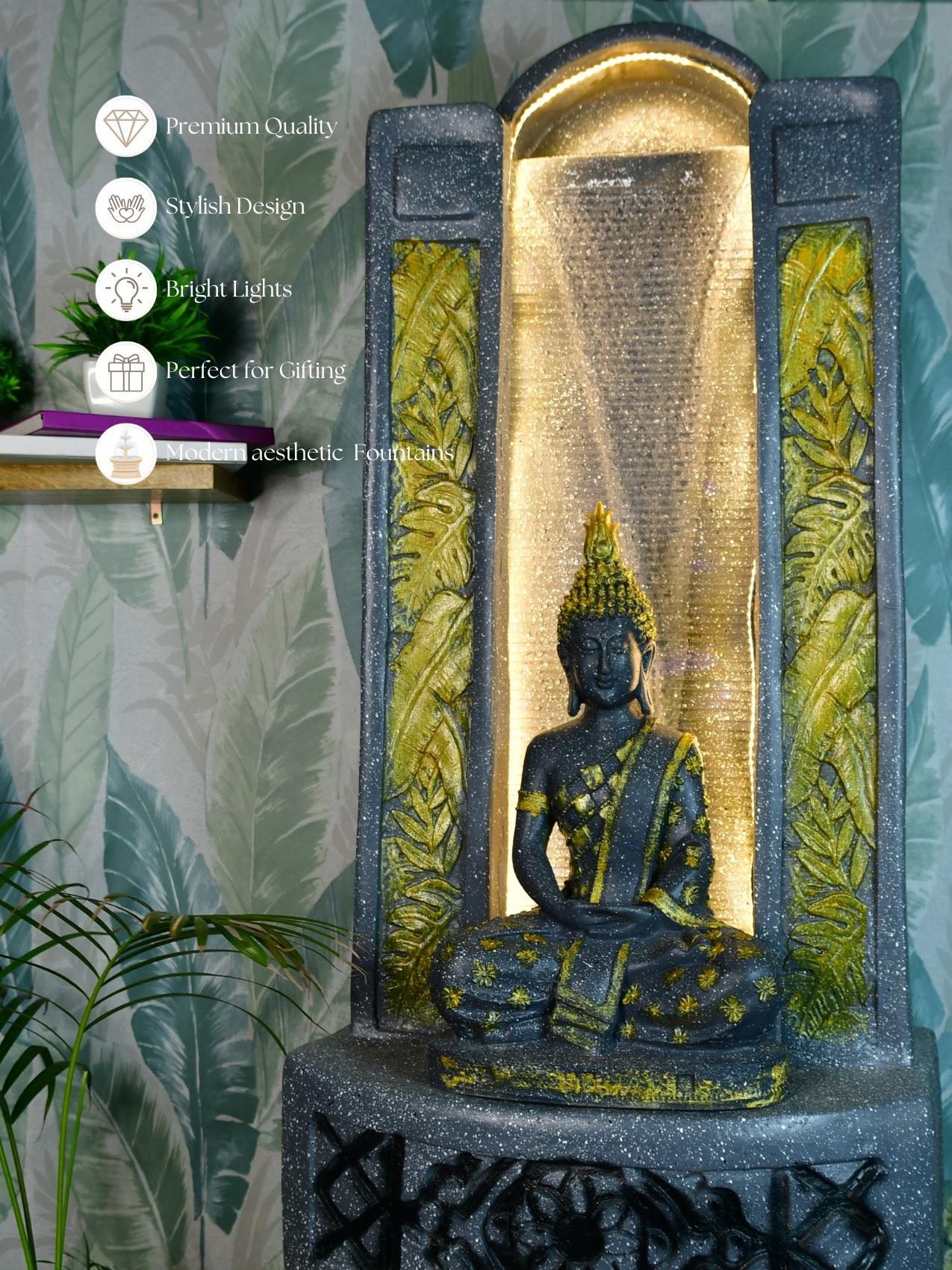 Sowpeace Golden Buddha Water Fountain – Elegant Buddha Sitting Against Tall Wall for Luxurious Home Decor & Gifts