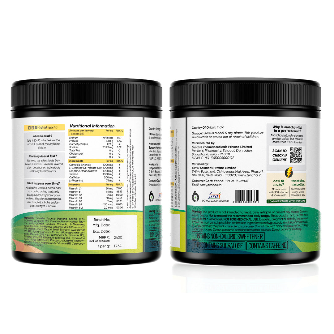 Tencha Pre Workout Supplements For Men & Women, 180G Powder, 30 Servings