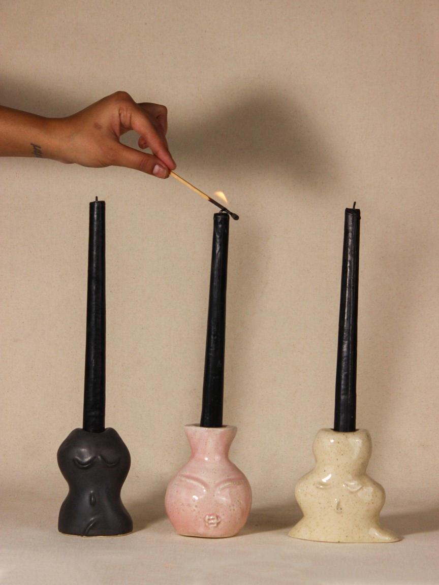 The Orby House Soulful Ceramic Face Candle Holder Set of 3 (Black / Pink/ Beige)