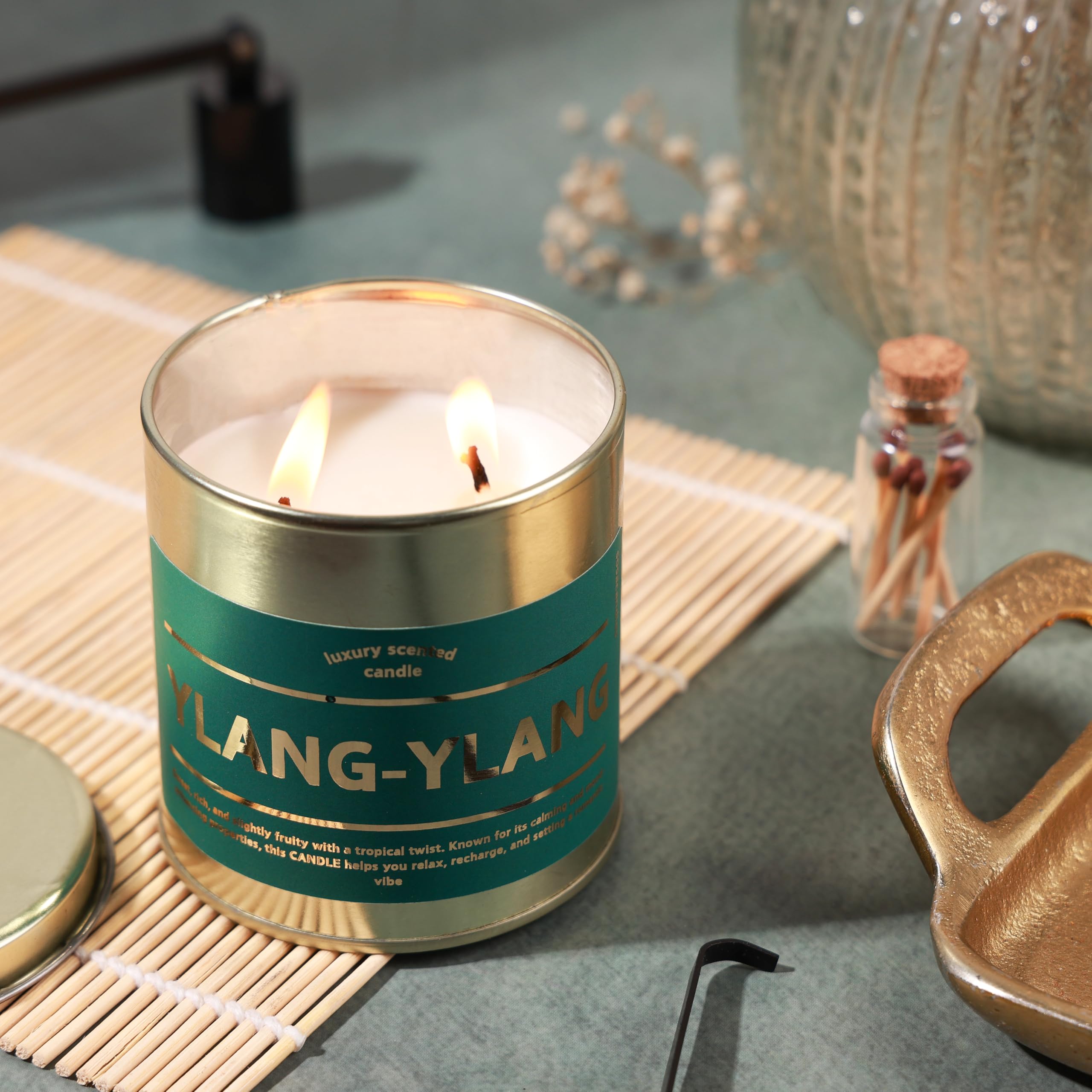 Golden Tin Container Ylang Ylang Fragrance Candle Gift Set with Golden Lid