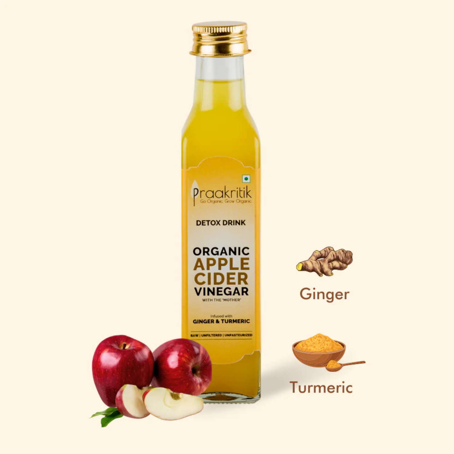 Praakritik Organic Apple Cider Vinegar with Ginger & Turmeric 250ml