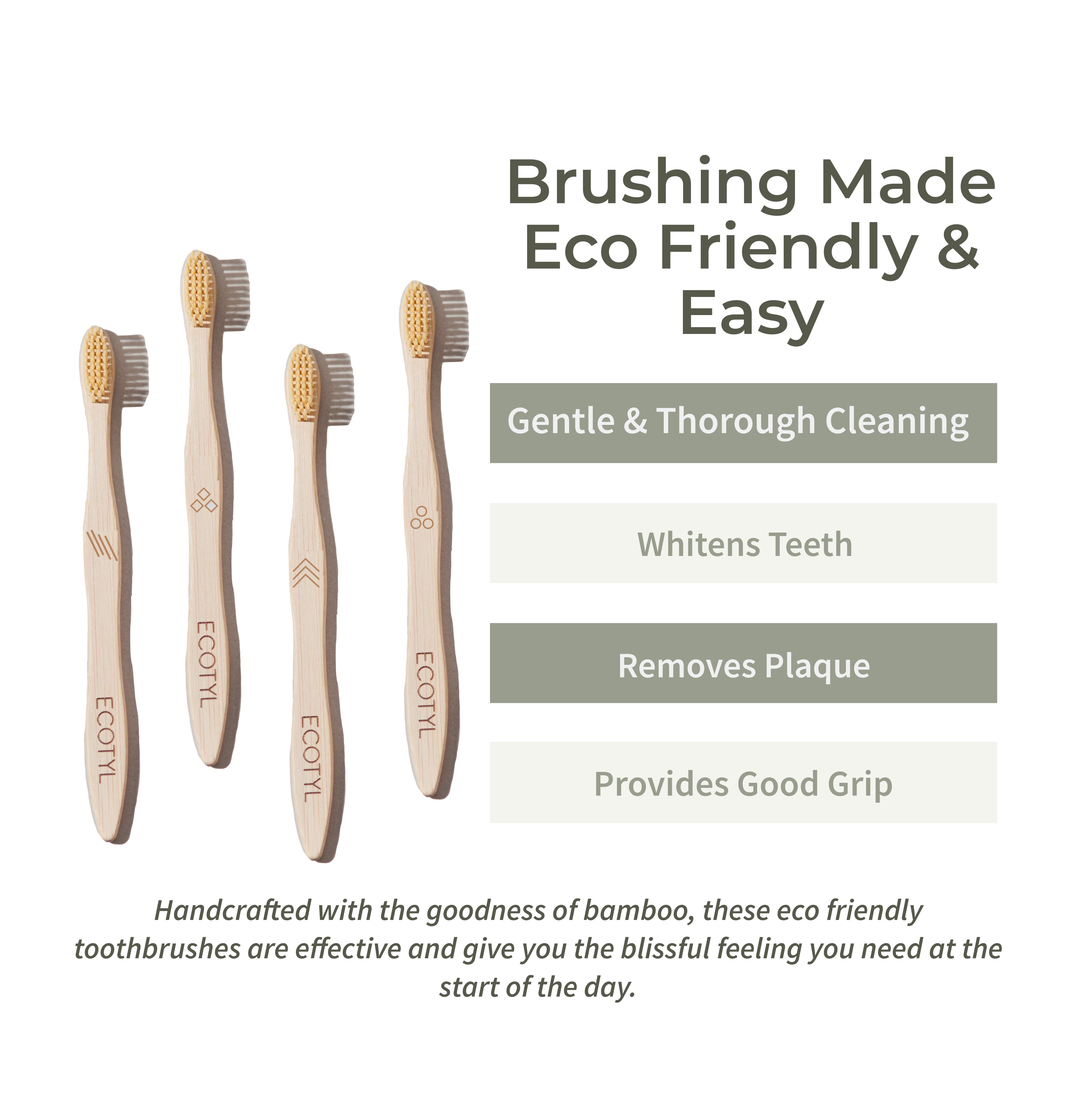 Ecotyl Bamboo Tooth Brush | Ultra Soft Bristles | Thorough Cleaning | Set of 4