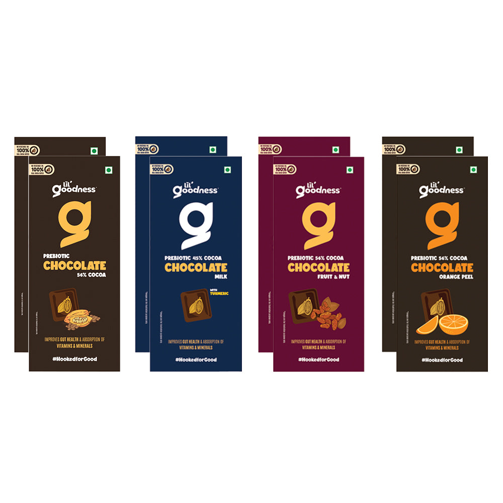 LiL'Goodness Assorted Prebiotic Chocolates Bar - Pack of 8 (2 packs of Four flavours-35g each) | Prebiotic Dark Chocolate, Orange Peel Dark Chocolate, Milk Chocolate, Fruit & Nut Dark chocolate