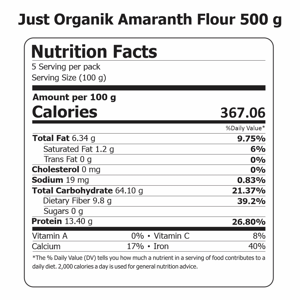 Just Organik Organic Amaranth Flour 1 kg (pack of 2, 2x500g)